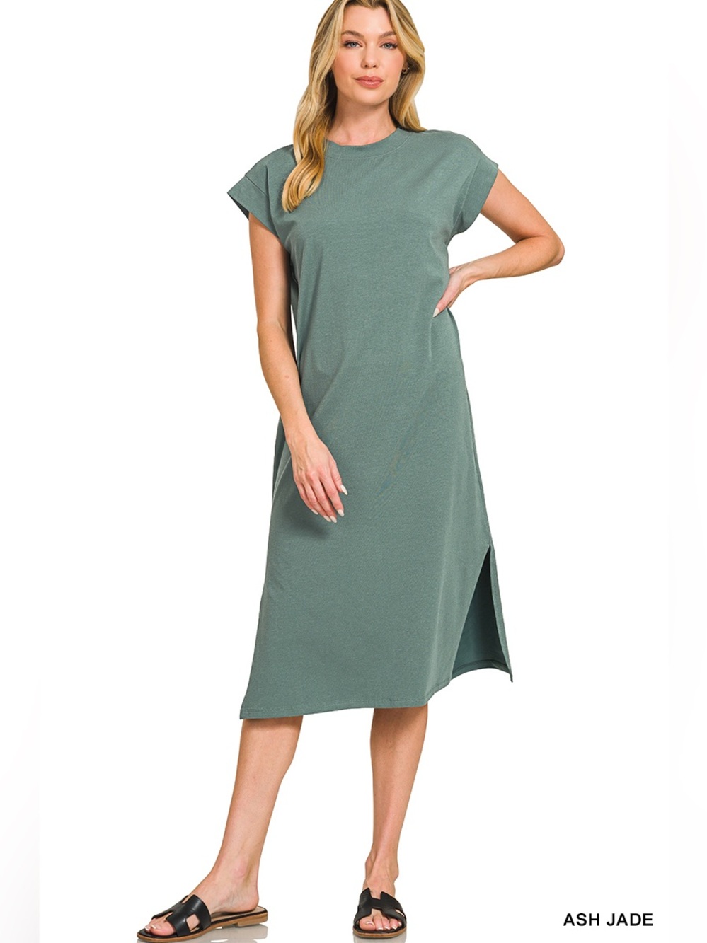 Zenana “Ash Jade” Women’s Round Neck Short Sleeve Midi Dress